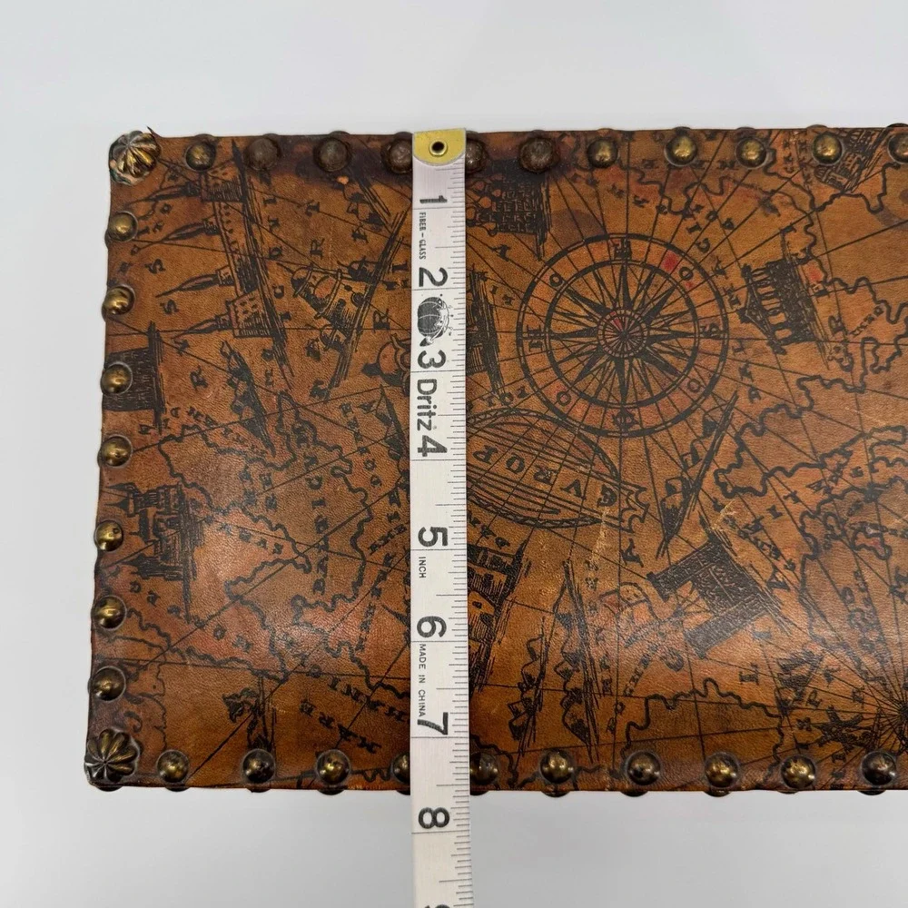 Vtg Leather Wood Jewelry Box Chest Trunk Old World Map Studded Nailhead Drawer